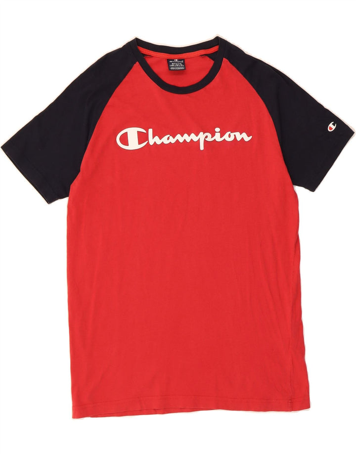 CHAMPION Mens Graphic T-Shirt Top Medium Red Colourblock Cotton Vintage Champion and Second-Hand Champion from Messina Hembry 