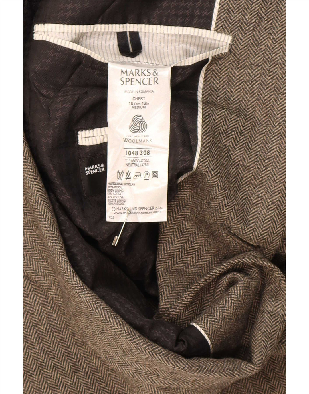 Marks & Spencer Herren-Blazer mit 2 Knöpfen, Gr. 42, Beige, Fischgrätenmuster