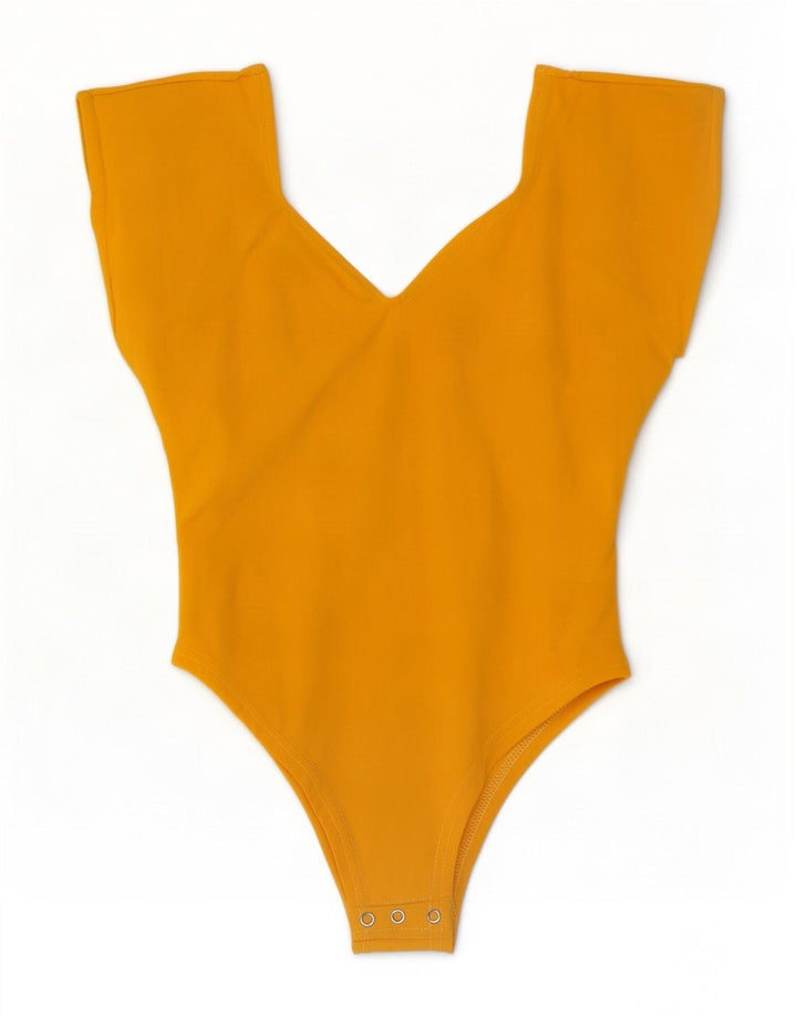 Vintage Damen Ärmelloser Body UK 12 Mittelgelbe Baumwolle