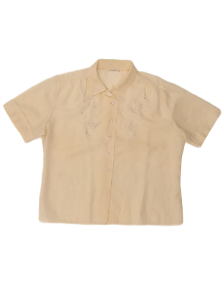 VINTAGE Damen Kurzarm-Hemdbluse UK 14 Mittelgelb geblümt