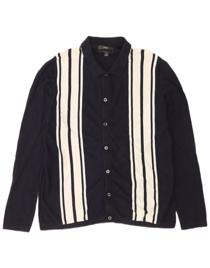 Marks & Spencer Herren-Strickjacke, groß, marineblau, gestreift, Baumwolle
