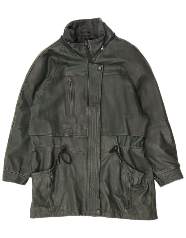 Vintage Damen Loose Fit Ledermantel UK 14 Mittelgrün Retro