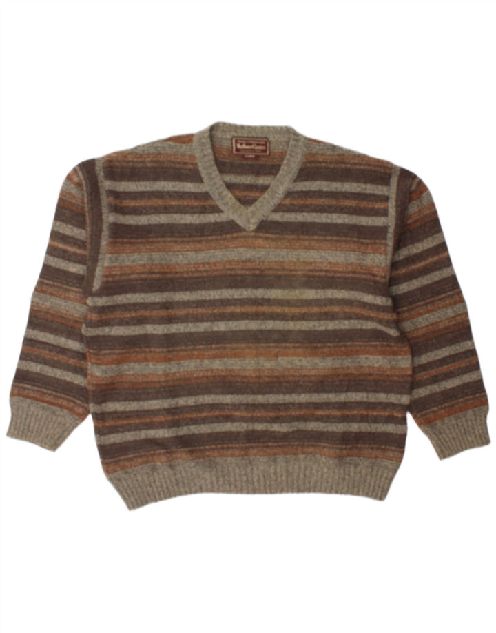 MARLBORO CLASSICS Herren-Pullover mit V-Ausschnitt, XL, braun gestreifte Wolle