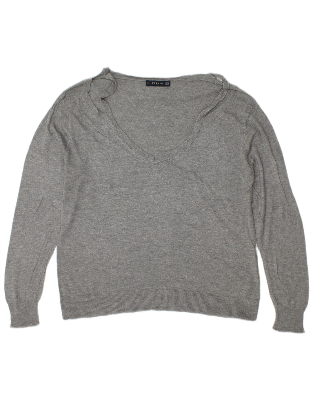 Zara Damen-Pullover mit V-Ausschnitt, Gr. 42, Größe L, graue Viskose