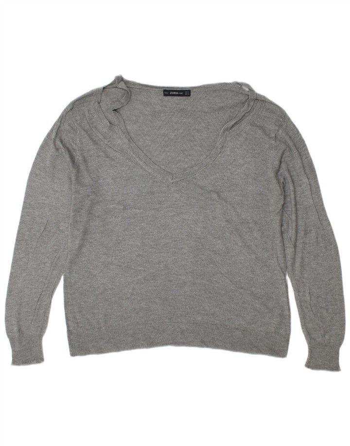 Zara Damen-Pullover mit V-Ausschnitt, Gr. 42, Größe L, graue Viskose
