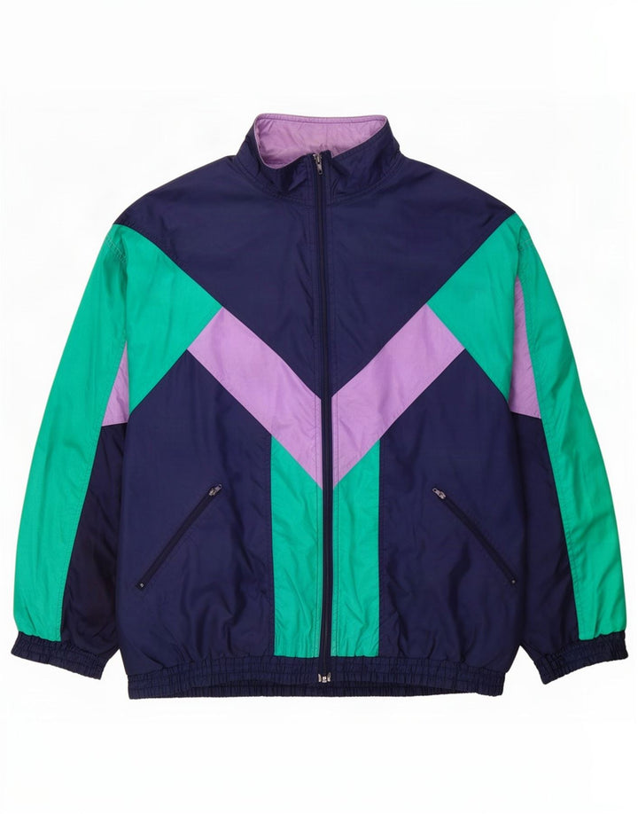 Vintage Herren-Trainingsanzug-Oberteil, große marineblaue Farbblock-Polyamidjacke