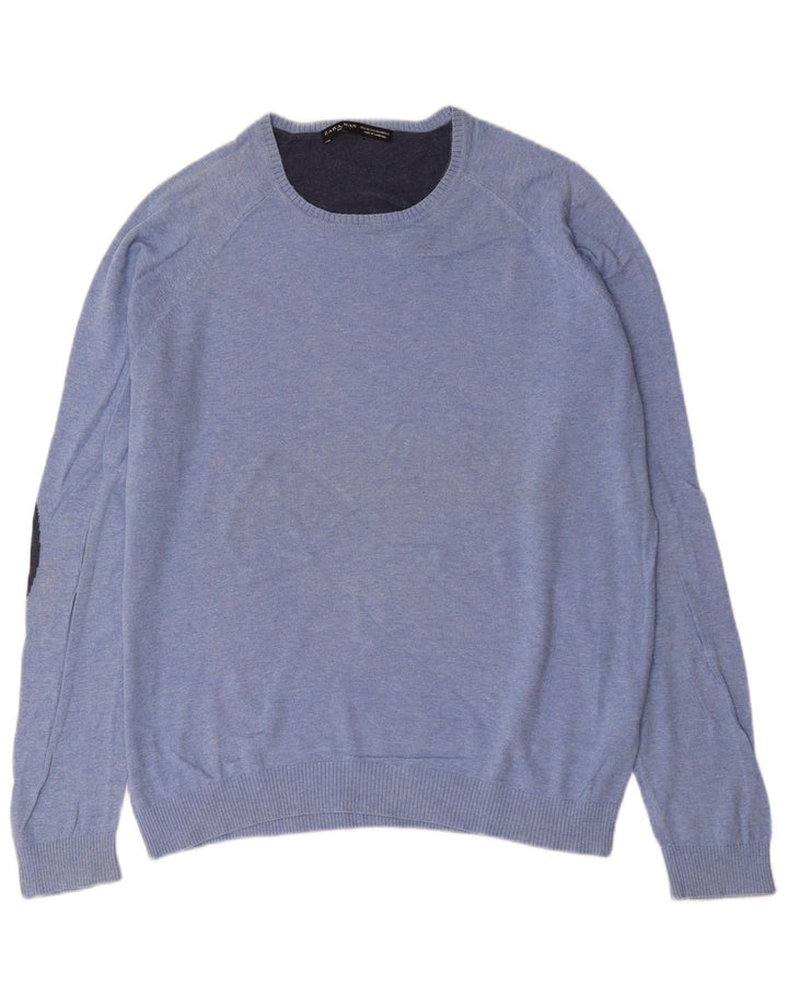 Zara Herren-Pullover mit Rundhalsausschnitt, XL, blaue Baumwolle