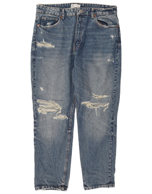 Zara Damen High Waist Distressed Tapered Jeans EU 44 XL W34 L28 Blau