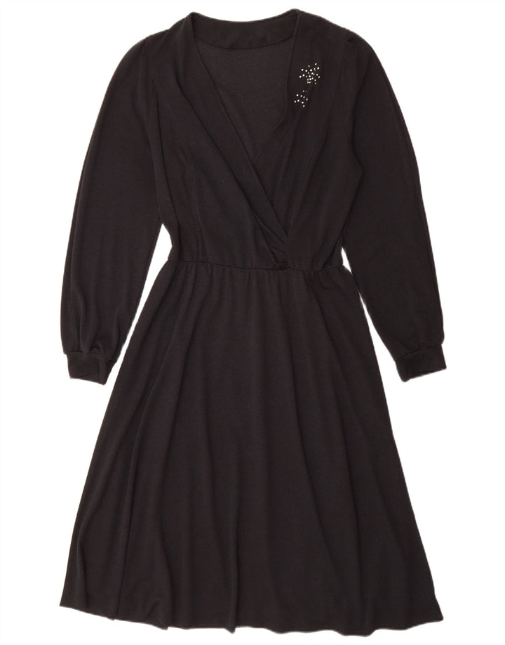 Vintage Damen Langarm Wickelkleid UK 14 Medium Schwarz