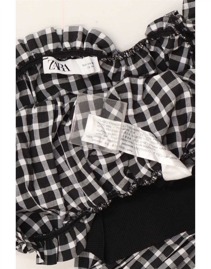 Zara Damen Langarm-Crop-Top UK 12 Mittelschwarzes Gingham-Polyamid