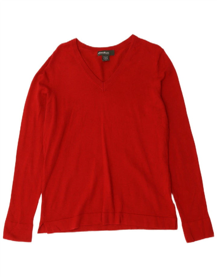 EDDIE BAUER Damen-Pullover mit V-Ausschnitt, UK 14, mittelrote Baumwolle
