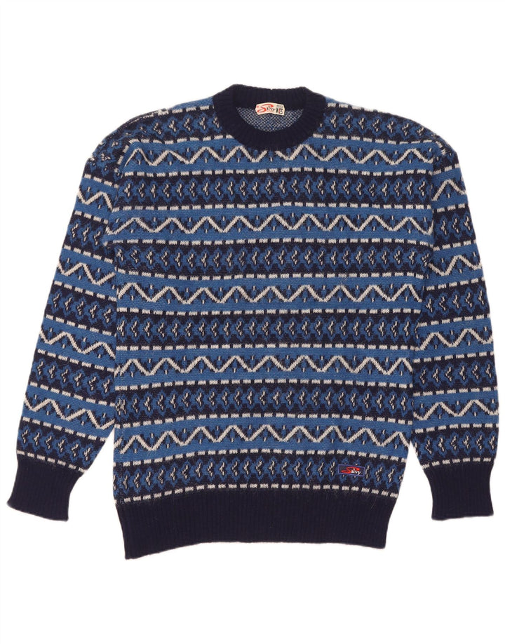 Silvy Herren-Pullover mit Rundhalsausschnitt, IT 46, kleine blaue geometrische Alpakawolle
