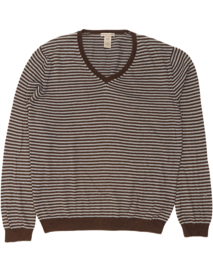 Gap Herren-Pullover mit V-Ausschnitt, groß, braun gestreift, Baumwolle