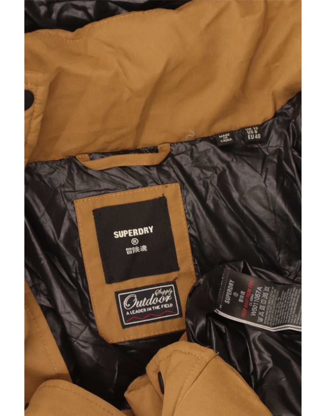 Superdry Wattierter Mantel mit Kapuze für Damen, UK 12, mittelbeigefarbenes Polyester