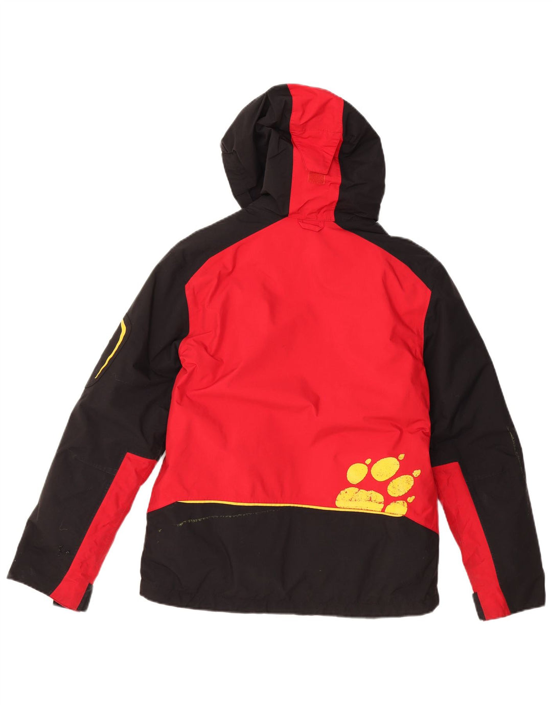 JACK WOLFSKIN Jungen-Regenjacke mit grafischer Kapuze, 11–12 Jahre, rotes Farbblockdesign
