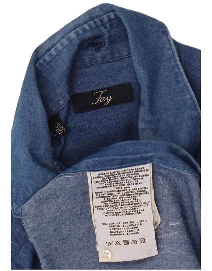 Fay Herren-Jeanshemd, Größe 40, 15 3/4, mittelblaue Baumwolle
