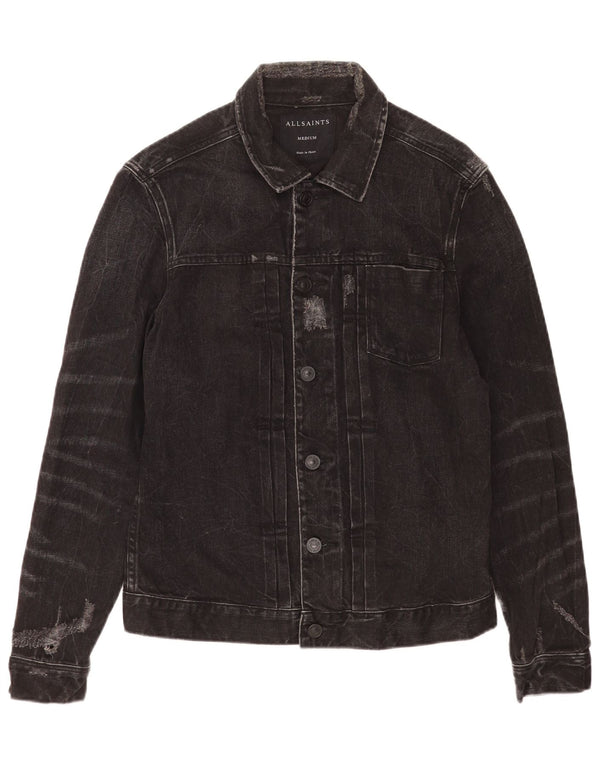 All Saints Mens Distressed Denim Jacket UK 38 Medium Black Cotton