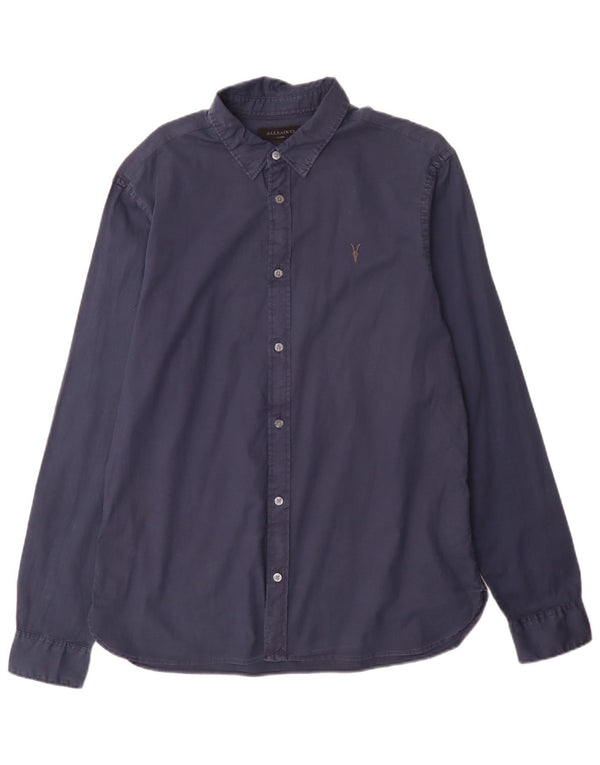 All Saints Mens Regular Fit Shirt Large Navy Blue Cotton