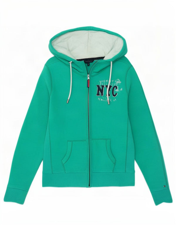 Tommy Hilfiger Damen-Kapuzenpullover mit grafischem Reißverschluss, UK 14, mittelgrüne Baumwolle