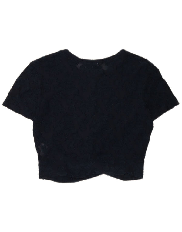 Zara Damen Crop Lace Bluse Top UK 14 Large Marineblau Blumenmuster Polyester