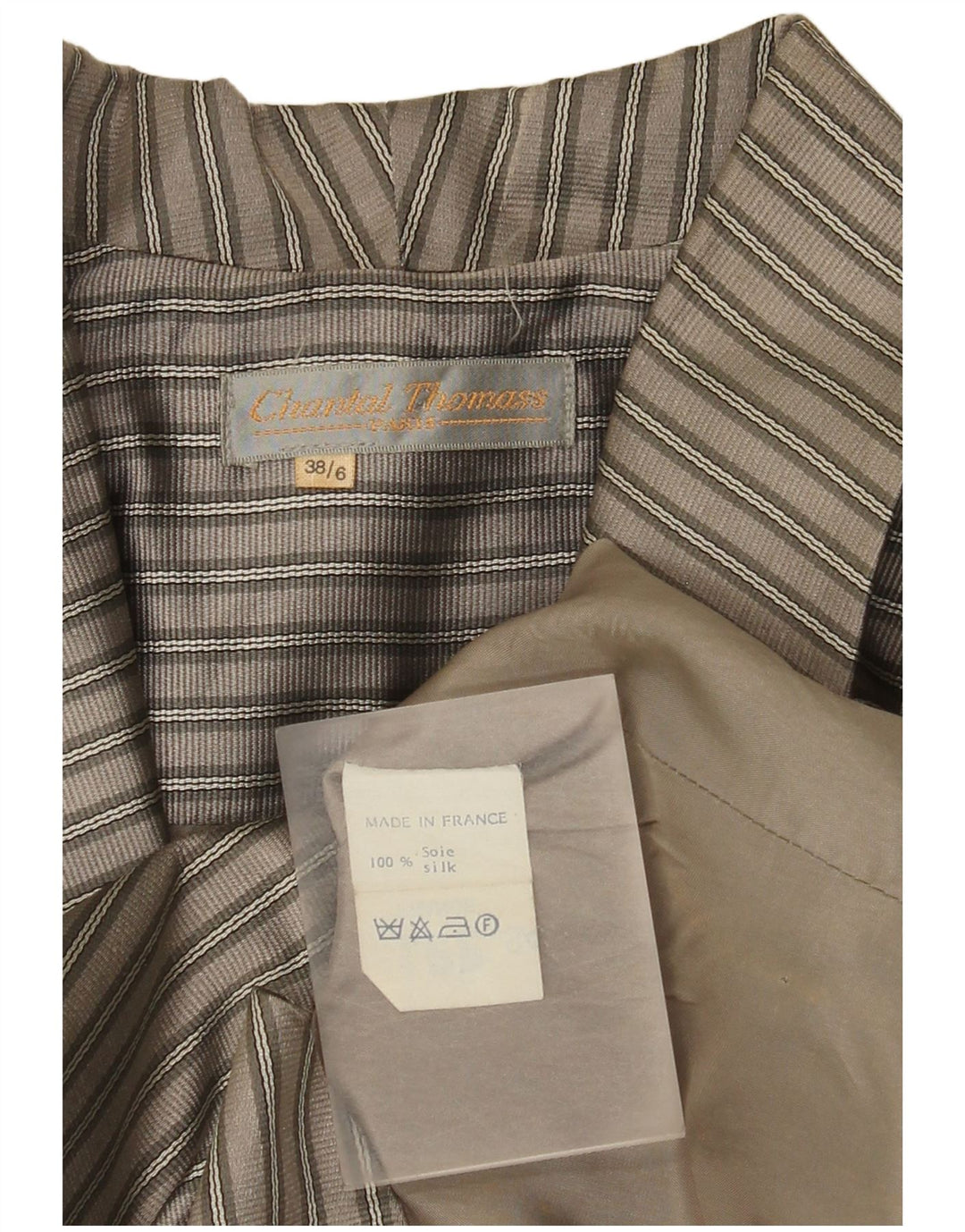 Vintage Damen Crop 2-Knopf-Blazerjacke EU 38 Mittelgrau gestreifte Seide