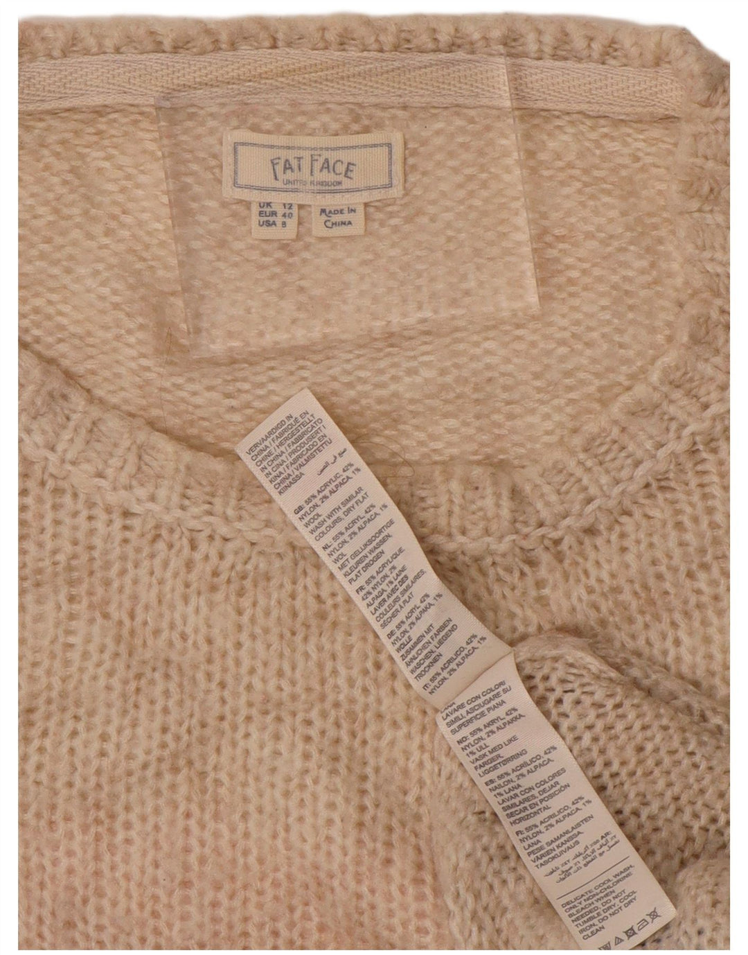 FAT FACE Damen-Pullover mit U-Boot-Ausschnitt, UK 12, Mittelbeige gestreift