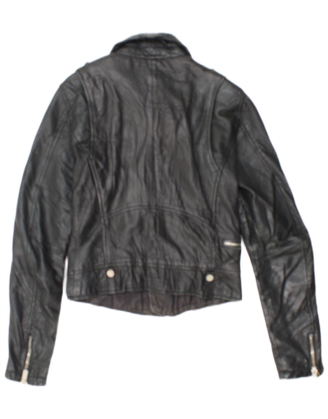 BERSHKA Womens Crop Leather Biker Jacket UK 10 Small Black Leather