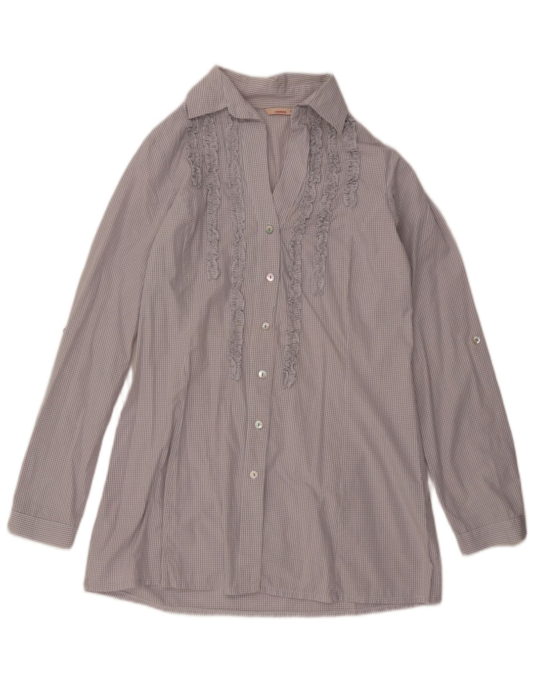 Carrera Damen Longline-Hemdbluse mit Rüschen vorne UK 18 XL Grau Gingham