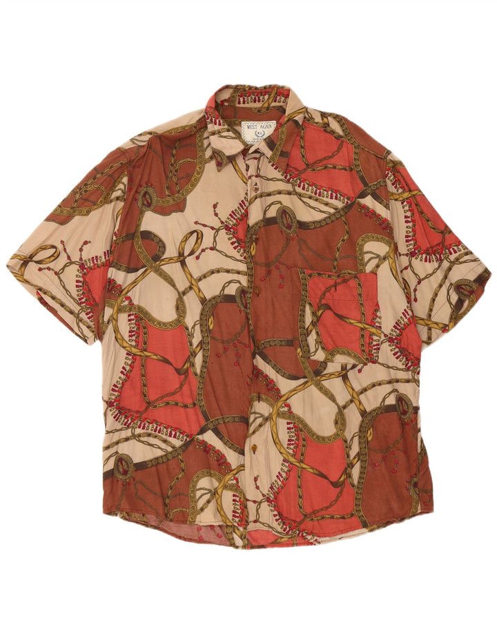 Vintage Herren-Kurzarmshirt mit abstraktem Muster, groß, braune Viskose
