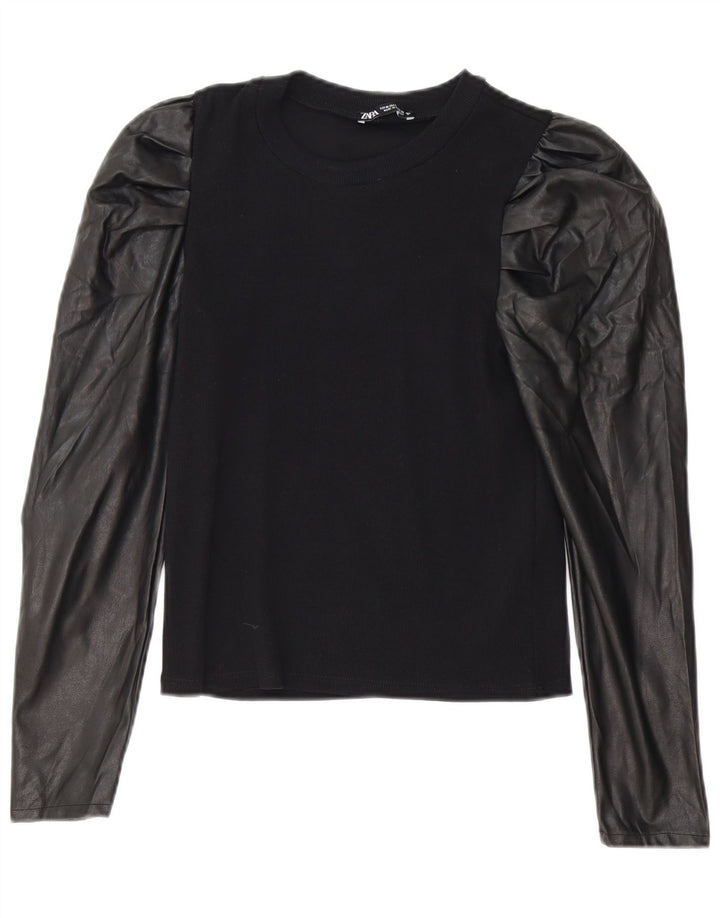 Zara Damen Langarm-Blusenoberteil UK 12 Medium Schwarz Polyester