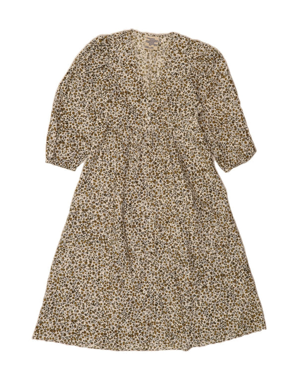 VINTAGE Maxikleid mit 3/4-Ärmeln für Damen, EU 38, mittelbeige, geblümte Baumwolle