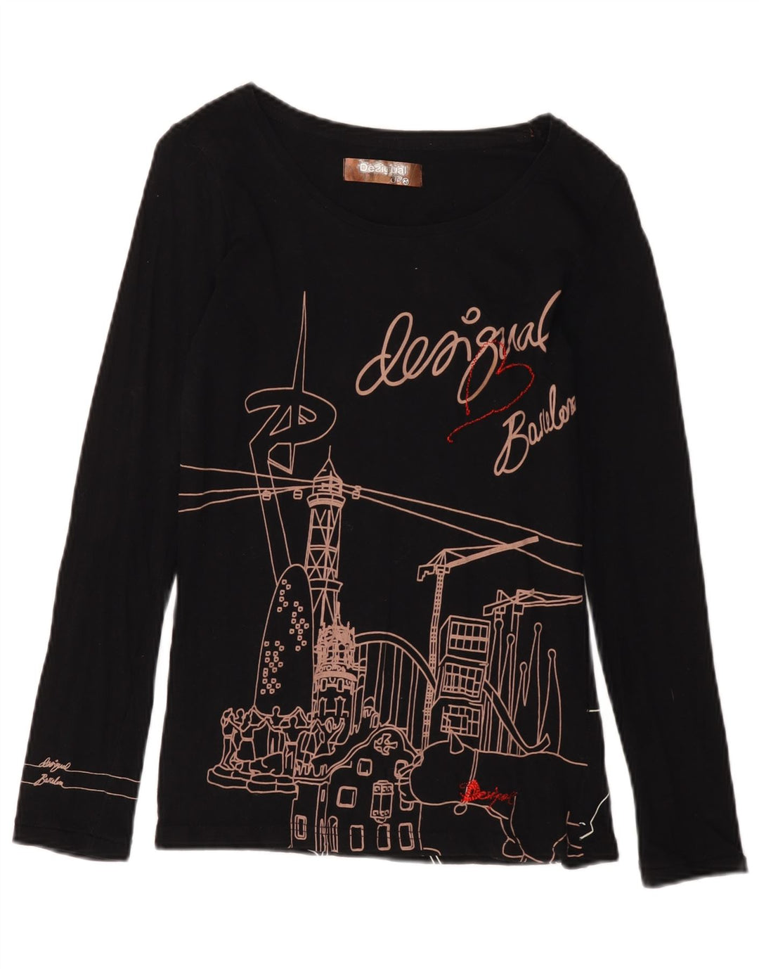 Desigual Womens Barcelona Graphic Top Langarm UK 12 Mittelschwarze Baumwolle