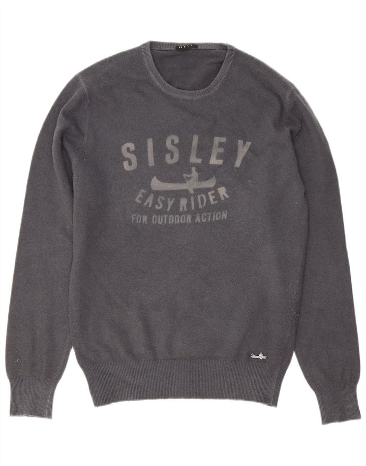 Sisley Herren-Pullover mit grafischem Rundhalsausschnitt, mittelgrau