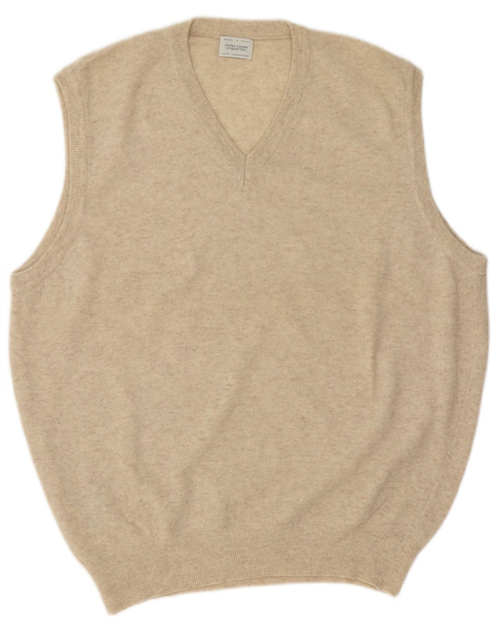 Benetton Herren-Weste, Tanktop, groß, beige gesprenkelte Lammwolle