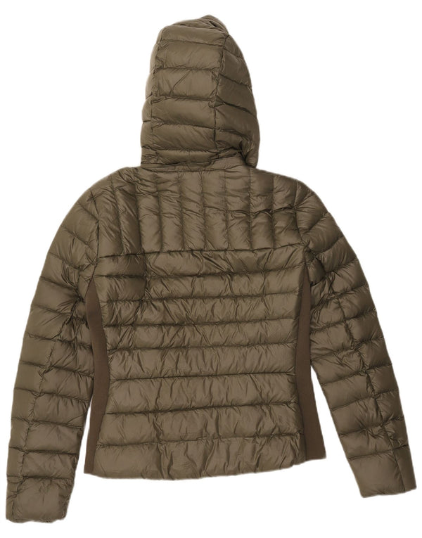 Wattierte Damenjacke von Zara mit Kapuze, UK 12, mittleres Khaki, Farbblock