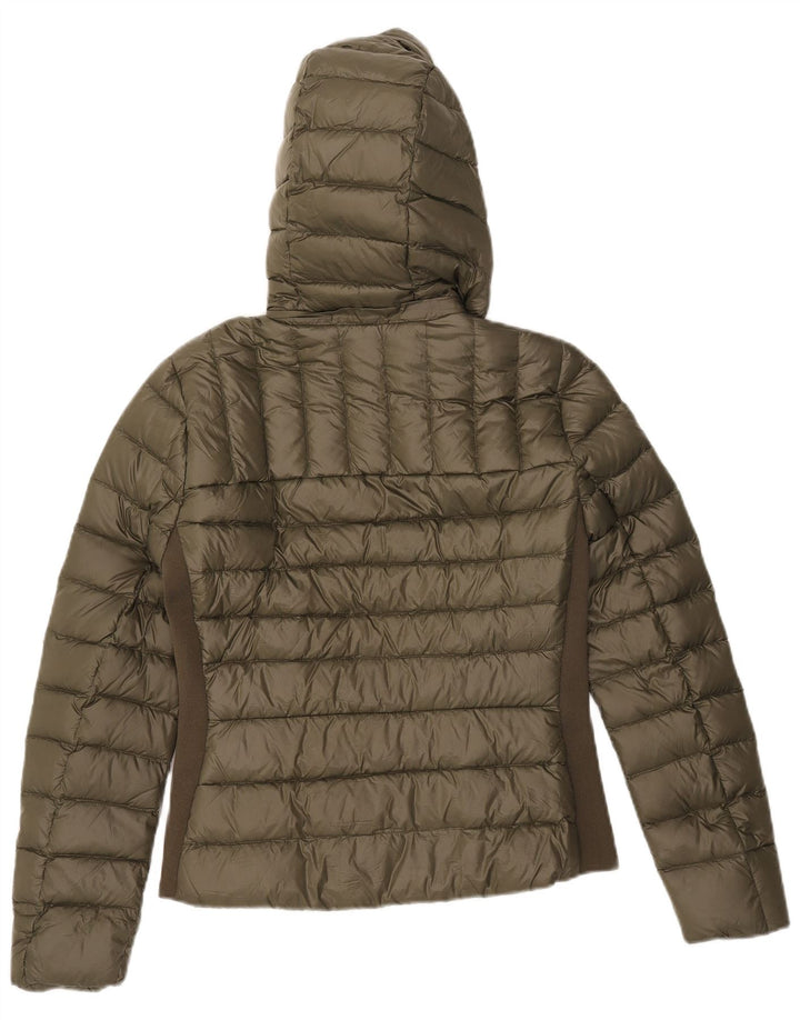 Wattierte Damenjacke von Zara mit Kapuze, UK 12, mittleres Khaki, Farbblock