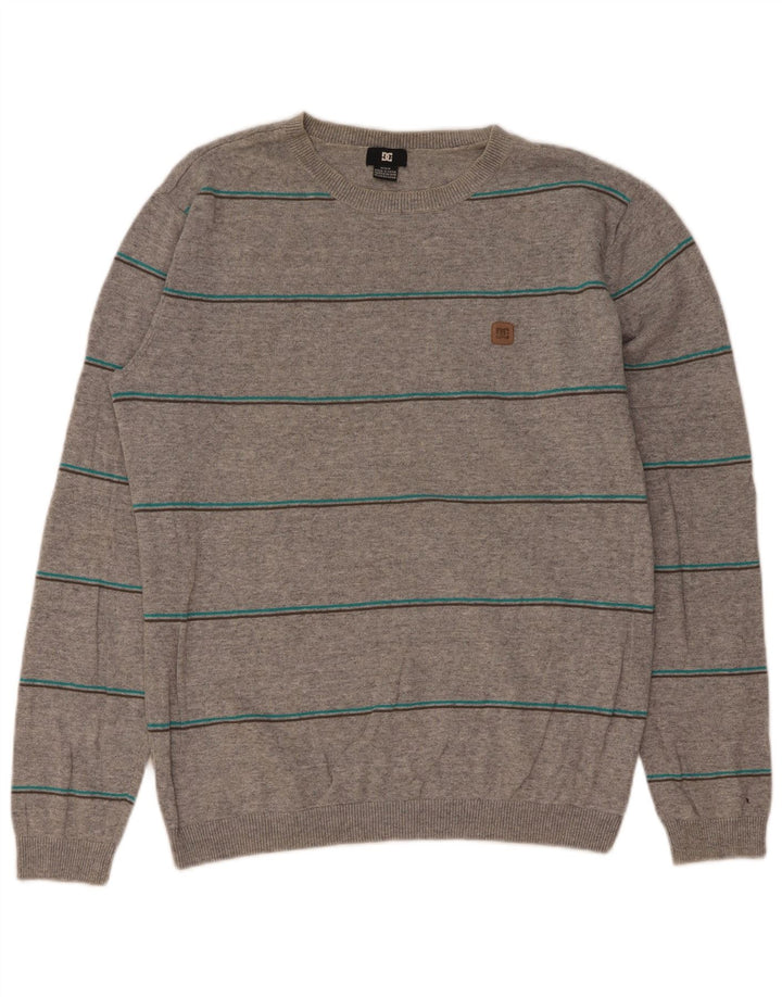 DC Herren-Pullover mit Rundhalsausschnitt, mittelgrau, gestreift, Baumwolle