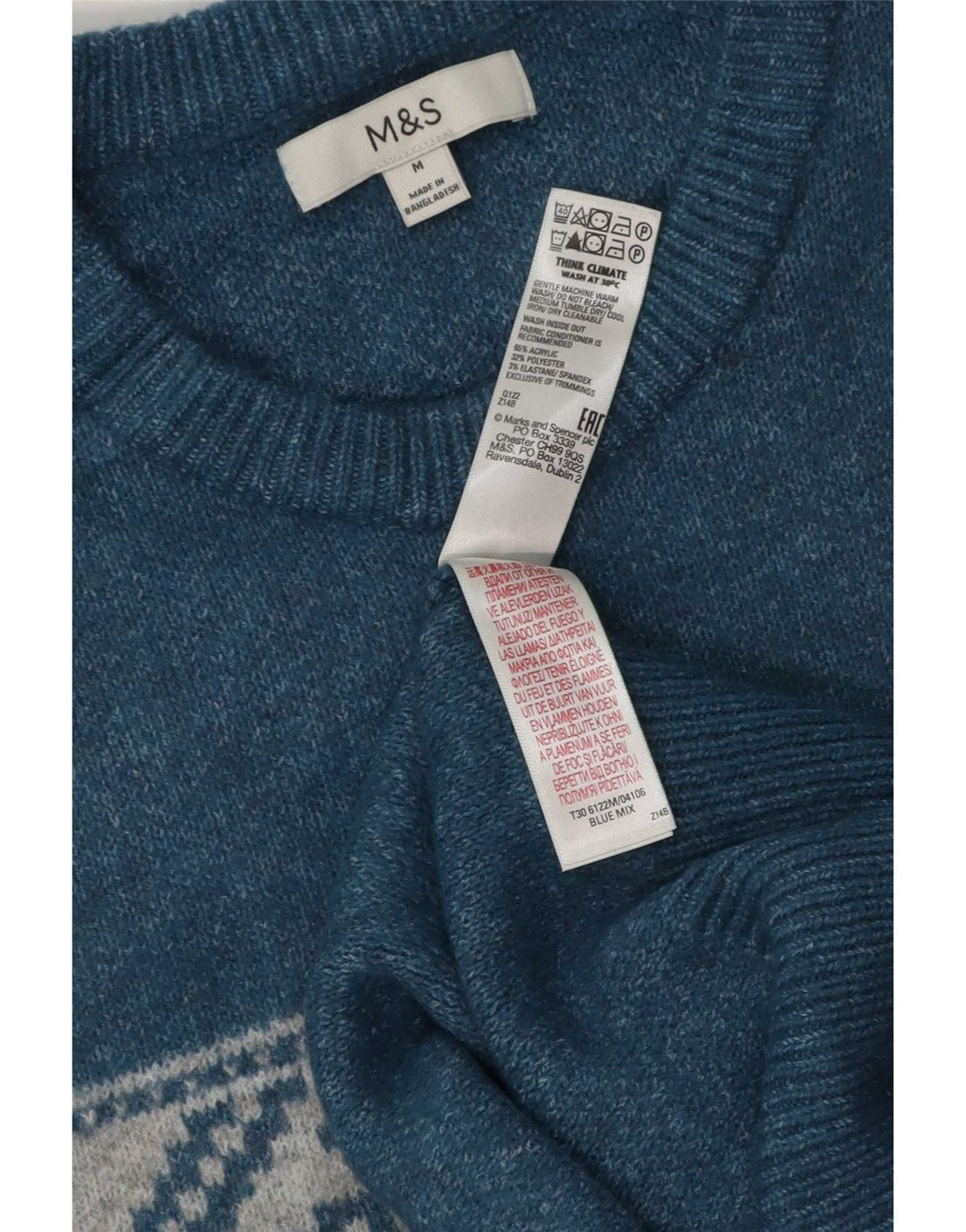 Marks & Spencer Herren-Pullover mit U-Boot-Ausschnitt, mittelblaues Fair-Isle-Acryl