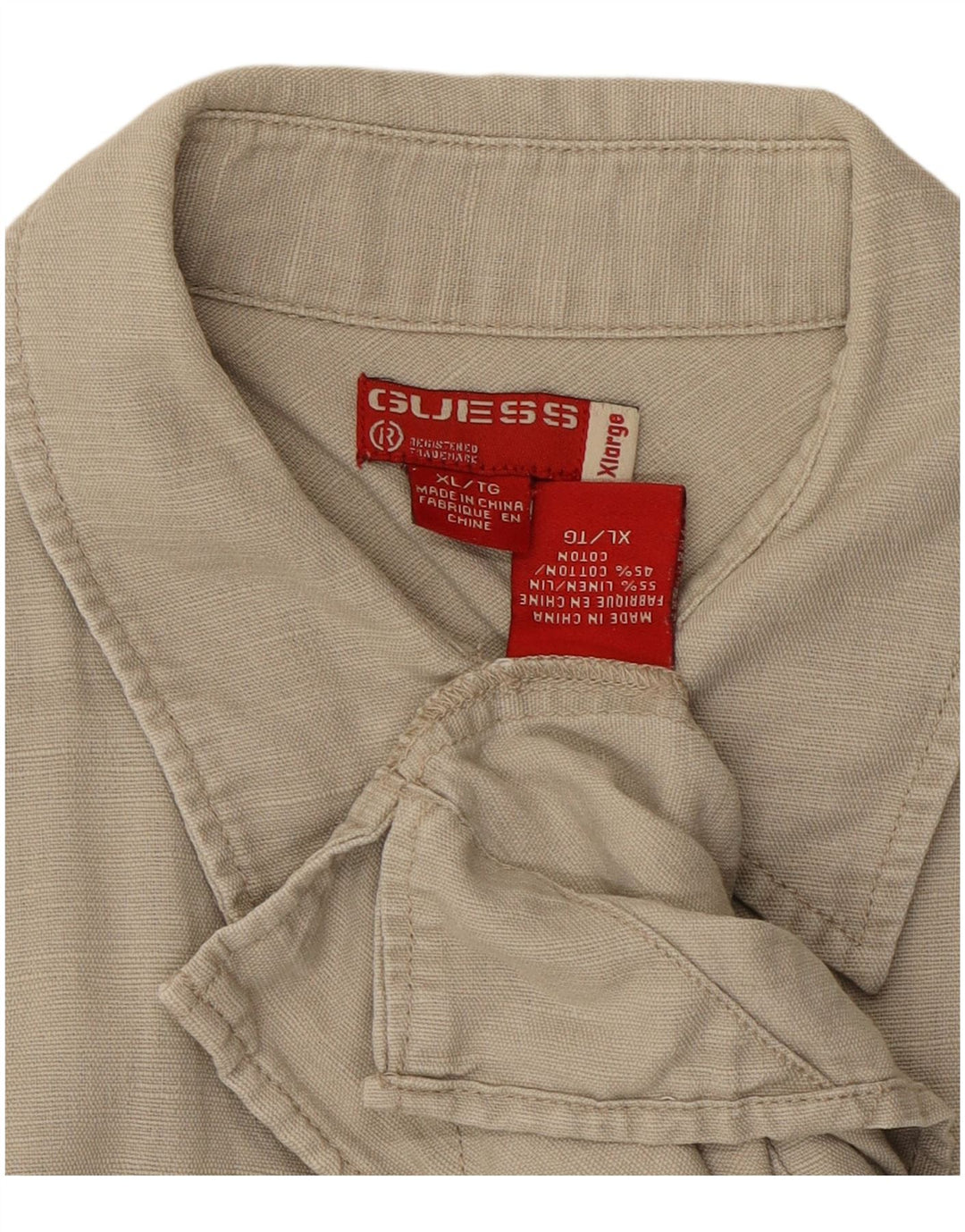 GUESS Herren Kurzarmhemd XL Beige Leinen