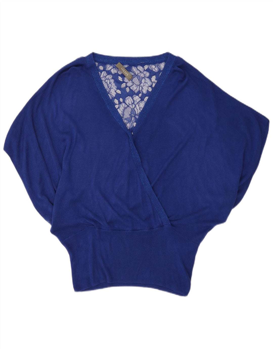 Oasis Damen-Bluse mit Fledermausärmeln, UK-Größe 44, mittelblaue Viskose mit Blumenmuster