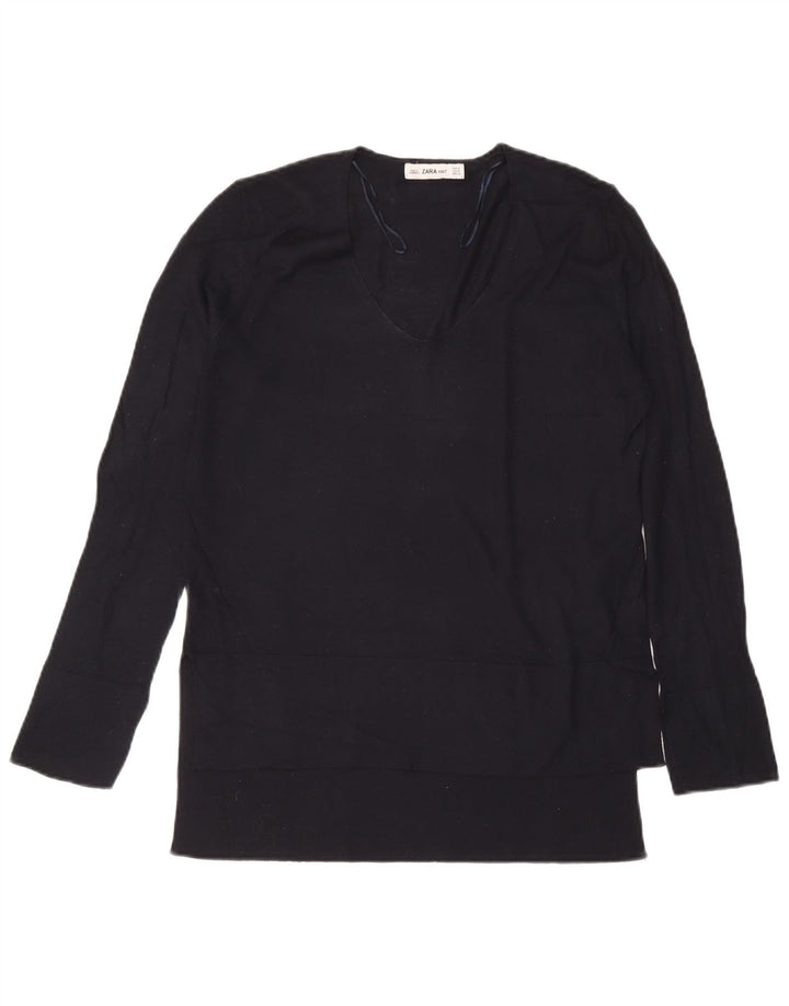 Zara Damen Top Langarm UK 14 Medium Marineblau Viskose