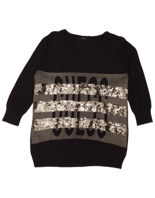 Guess Damen-Pullover, übergroß, mit Grafik, U-Boot-Ausschnitt, Gr. 6, XS, Schwarz