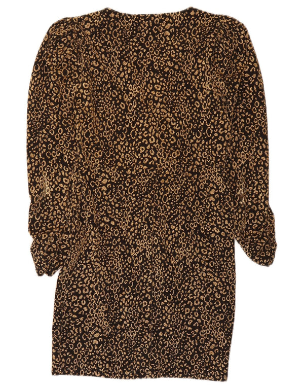 Zara Damen Langarm-Etuikleid UK 12 Medium Schwarz Animal Print