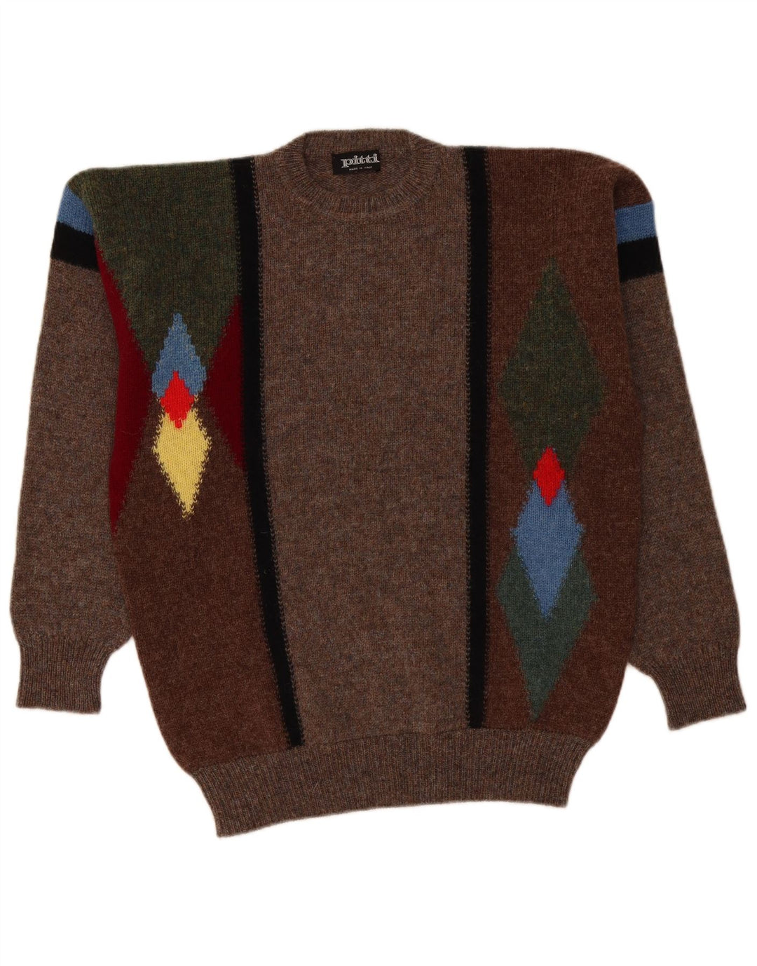 Vintage Herren-Pullover mit Rundhalsausschnitt, groß, braun, Argyle/Diamant-Wolle