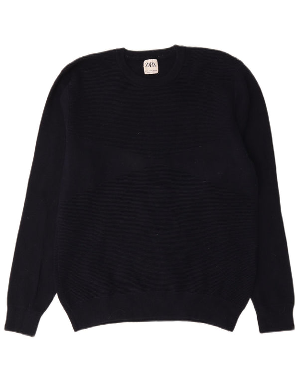 Zara Mens Crew Neck Jumper Sweater XL Navy Blue Cotton