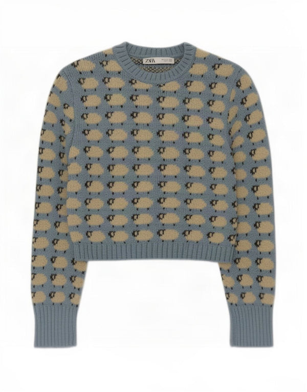 Zara Damen Crop Pullover mit Rundhalsausschnitt, UK 12, mittelblau, mit Tiermuster