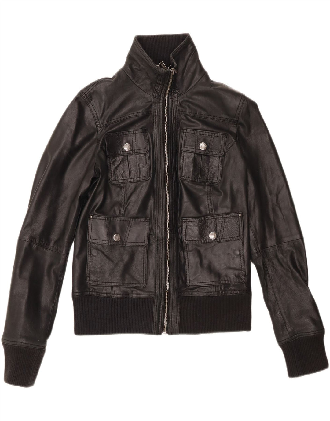 BERSHKA Damen Crop Lederjacke UK 14 Großes schwarzes Leder