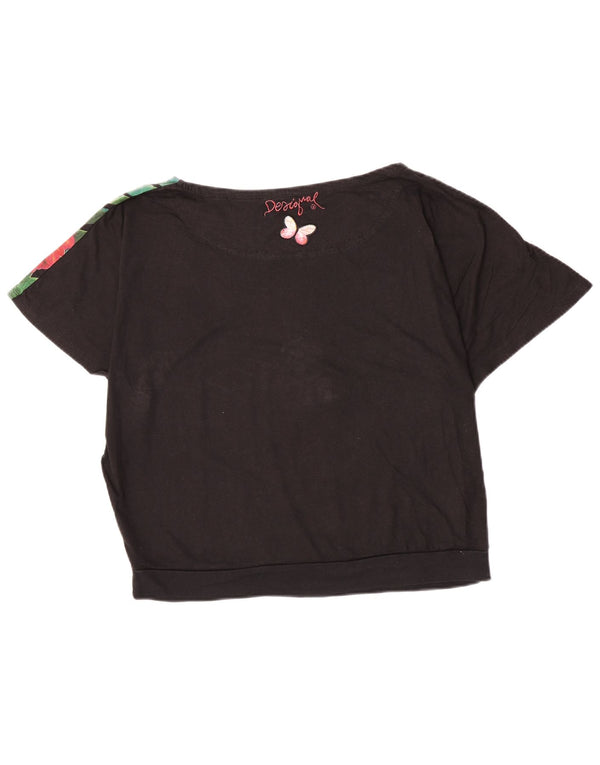 Desigual Damen Grafik-T-Shirt-Oberteil UK 16 Große schwarze geblümte Baumwolle