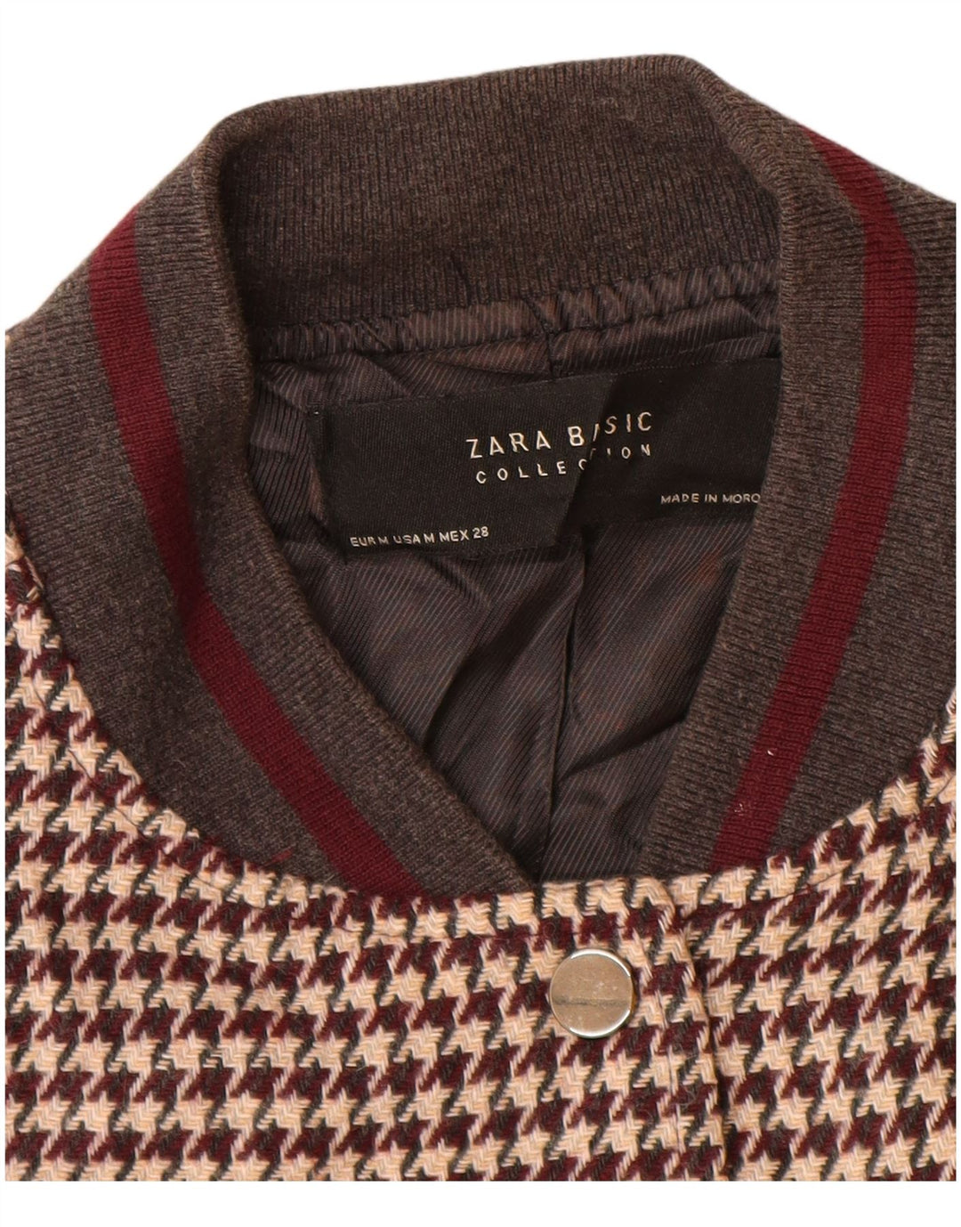 Zara Damen Varsity Jacke UK 14 Mittelbraunes Hahnentritt-Acryl