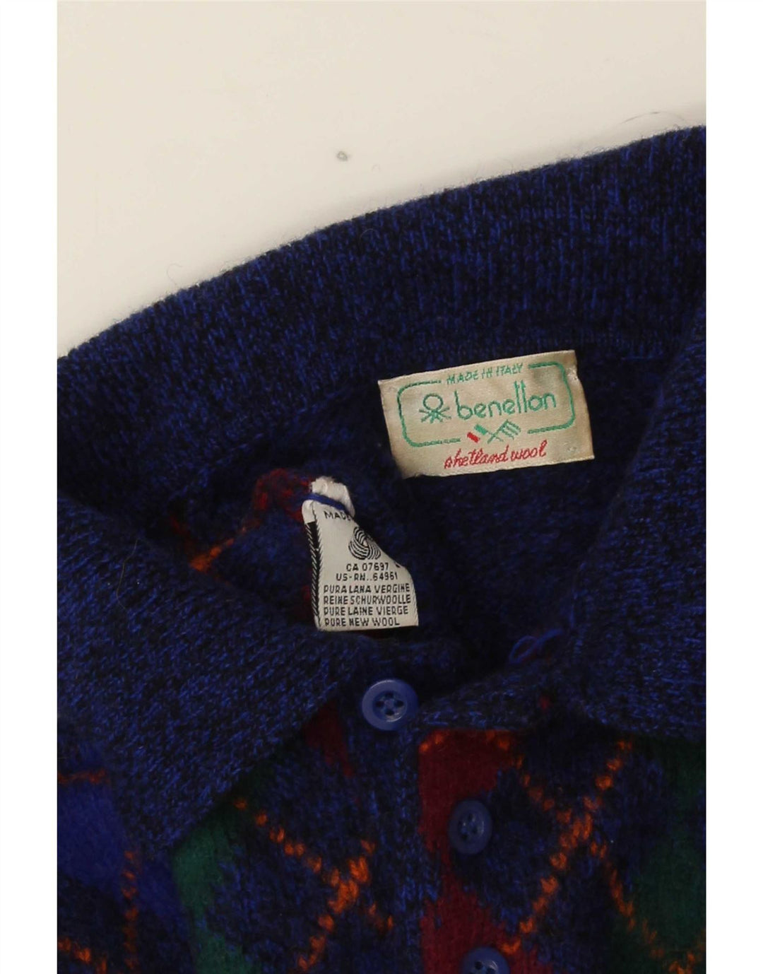 Benetton Herren-Pullover mit Polokragen, IT 48, kleine blaue Argyle-/Diamantwolle